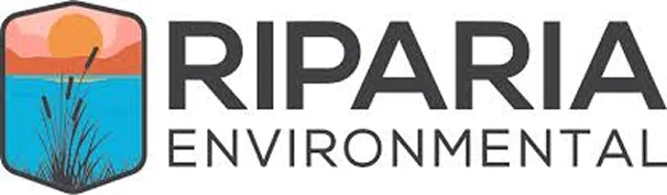 Riparia Environmental logo with a rounded shield icon showing a sunset over water and marsh reeds.