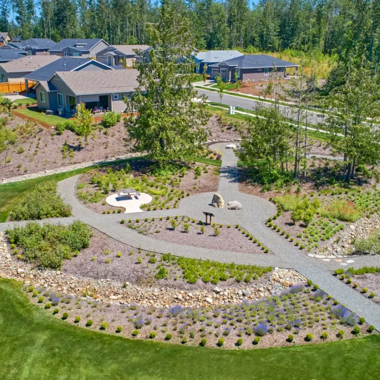 Aerial view of a suburban neighborhood greenbelt with winding gravel walking paths, a circular picnic area, boulders and a dry creek bed amid drought‑tolerant plantings, bordered by lawns and single-story homes near a forest.