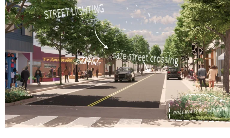 Rendering of a tree-lined urban street with pedestrians, cars, and storefronts, annotated to highlight street lighting, outdoor seating, safe street crossings, and pollinator planting beds near a crosswalk.