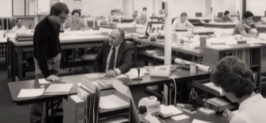 Historical black-and-white MacKay Sposito office with staff at drafting tables, as a man stands speaking to a seated colleague in a suit amid blueprints, binders, and desk phones in an open-plan workspace.