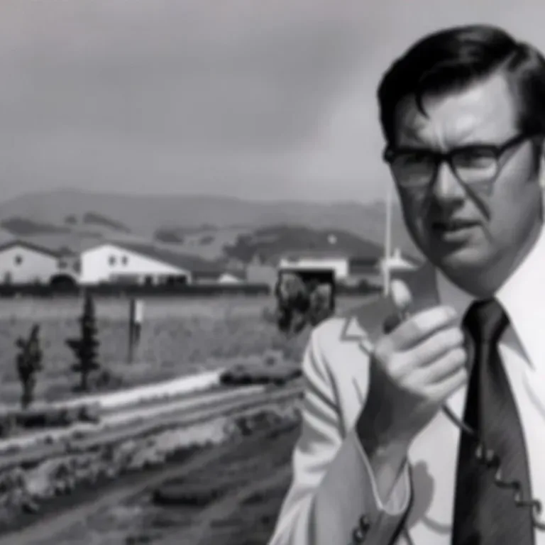 Historical MacKay Sposito photo of a man in a suit speaking into a handheld radio microphone at a suburban construction site, with houses and hills in the background.