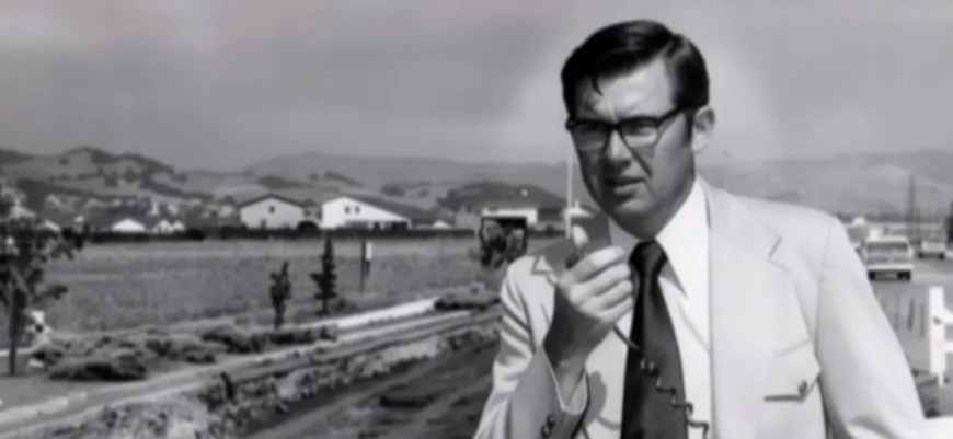 Historical MacKay Sposito photo of a man in a suit speaking into a handheld radio microphone at a suburban construction site, with houses and hills in the background.