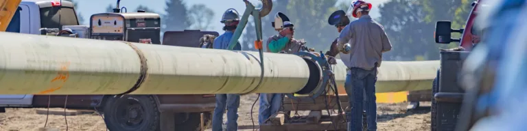 Construction workers in hard hats weld and align a large green pipeline section suspended by a crane on a rural job site with trucks and mountains in the background.