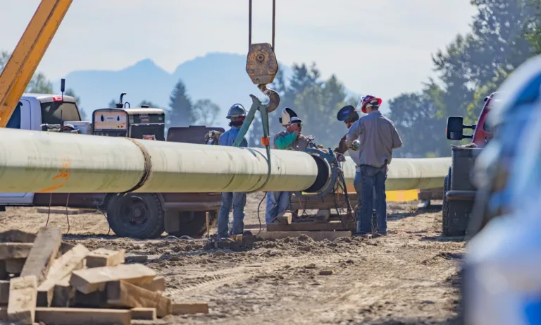Workers in hard hats weld and align a long green pipeline as a crane suspends a section at a dusty outdoor job site, with trucks, trees, and distant mountains in the background.