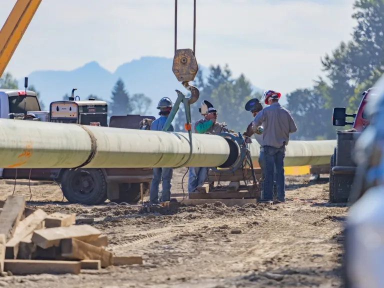 Construction workers in hard hats weld a large pipeline section suspended by a crane at an outdoor job site, with trucks and mountains in the background.