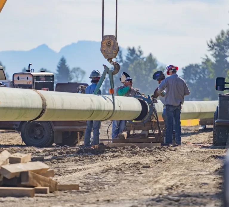 Workers in hard hats weld and align a long green pipeline as a crane suspends a section at a dusty outdoor job site, with trucks, trees, and distant mountains in the background.