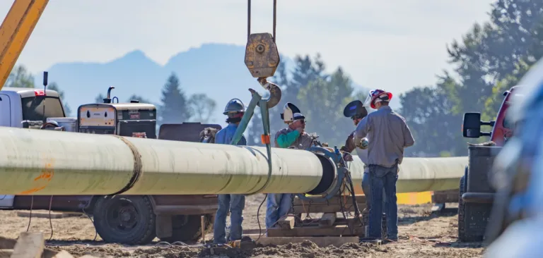 Construction workers in hard hats weld a large pipeline section suspended by a crane at an outdoor job site, with trucks and mountains in the background.