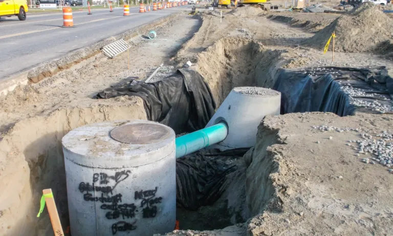 Roadwork scene showing an open trench with concrete storm drain manholes connected by a green pipe beside traffic barrels, excavators, and a city street.