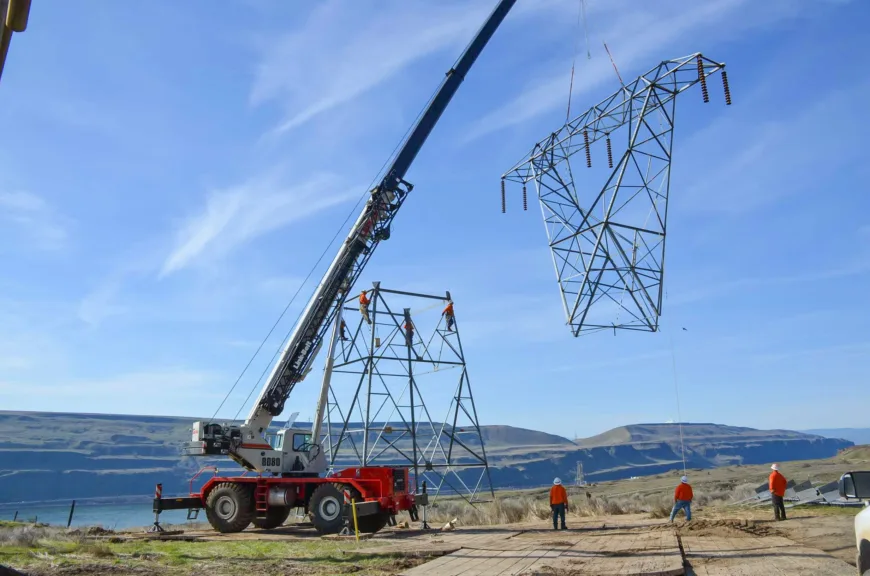 A mobile crane lifts a steel transmission tower section while utility workers in orange safety gear guide the assembly at a rural worksite overlooking a river and hills under a clear blue sky.