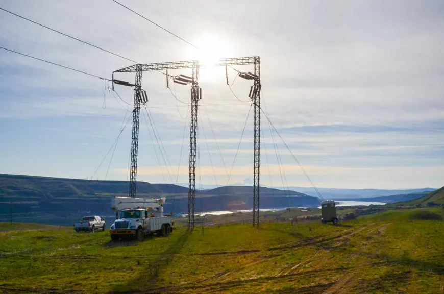 Utility trucks parked beside high-voltage lattice towers on a grassy ridge, with support cables and power lines silhouetted against the sun and a river valley and hills in the distance.