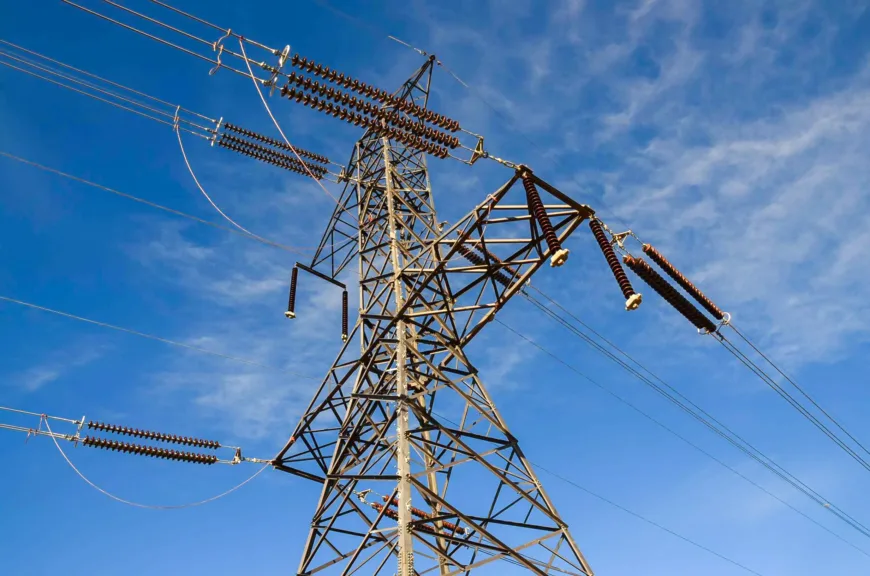 A steel lattice high-voltage transmission pylon with multiple brown insulator strings and suspended power lines against a clear blue sky.