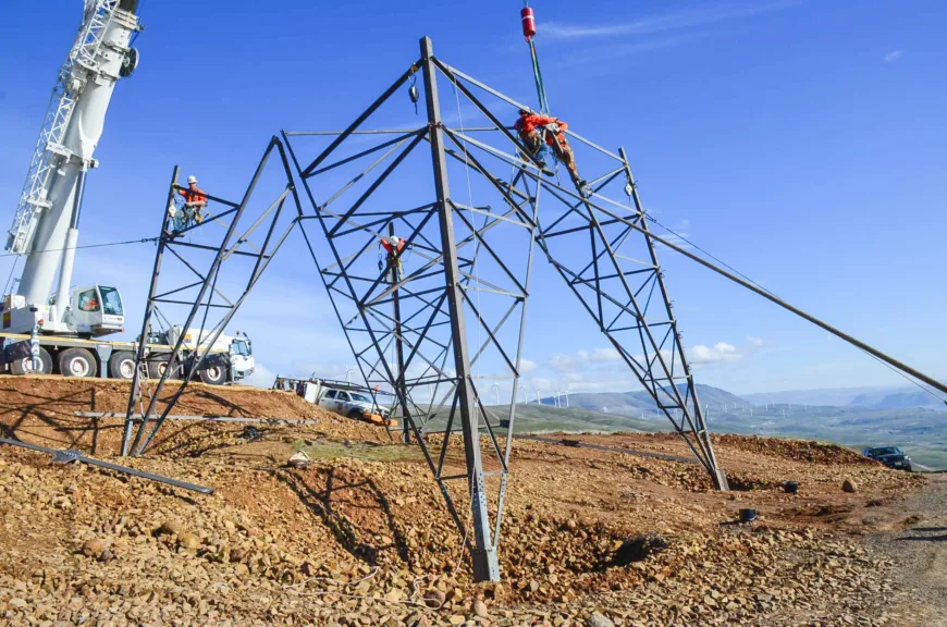 Construction workers in harnesses assemble a steel lattice power transmission tower with a crane on a rocky hillside, with wind turbines and mountains in the background under a clear blue sky.