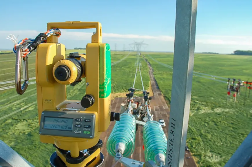 Yellow total station mounted on a transmission tower, overlooking high‑voltage power lines and glass insulators stretching across green fields.
