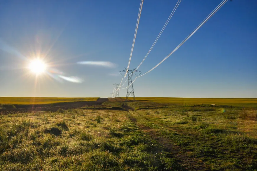 High-voltage transmission towers and lines span a grassy rural plain beneath a bright, low sun and a clear blue sky.