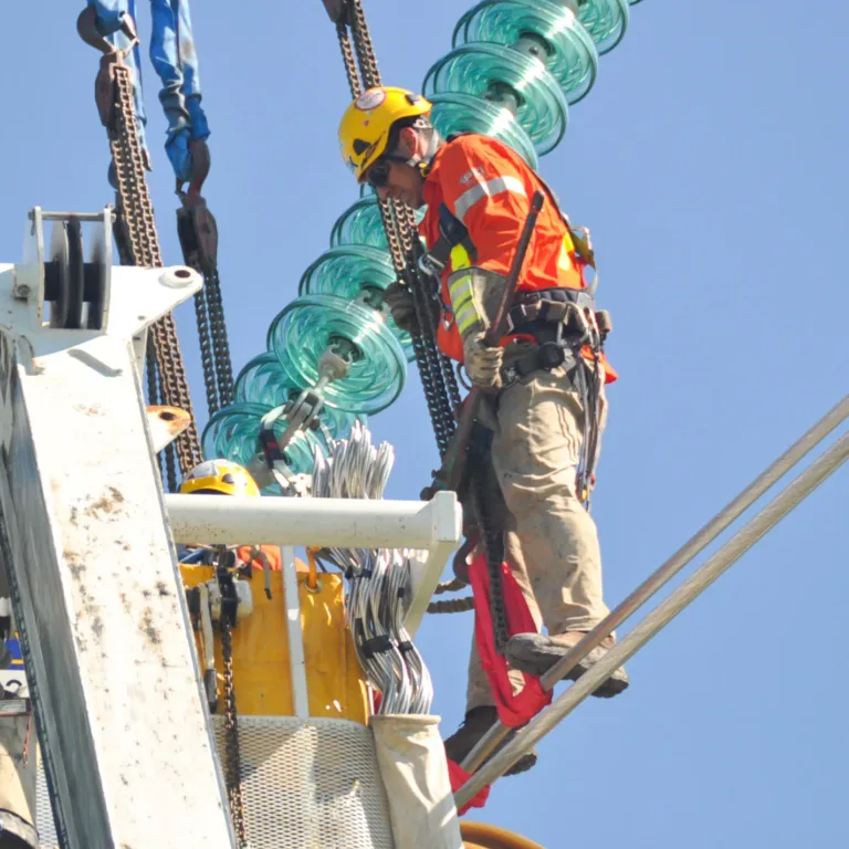 Utility lineworker in helmet and safety harness works on high-voltage transmission hardware beside green glass insulators atop a tower against a clear blue sky.