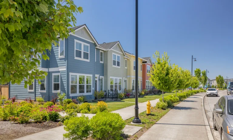 Row of colorful modern townhouses with landscaped gardens along a tree-lined sidewalk and parked cars on a sunny suburban street.