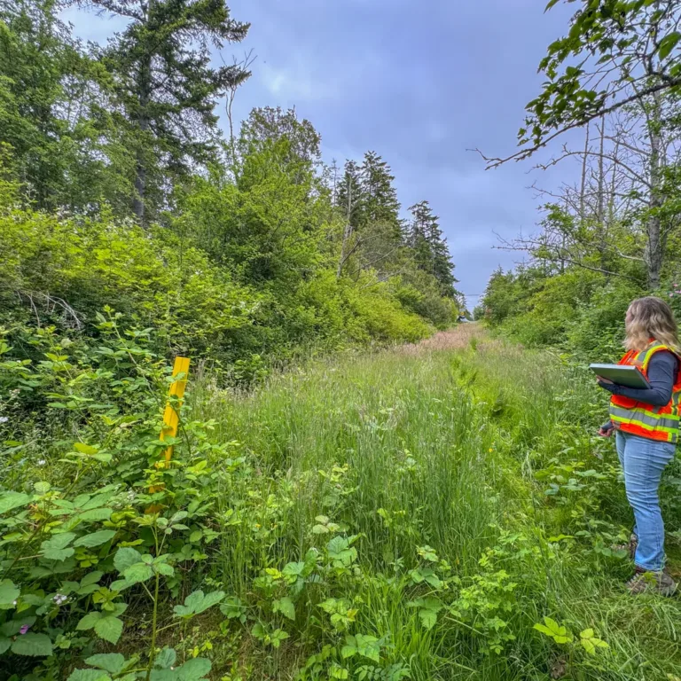 MacKay Sposito team member in a high-visibility vest holds a tablet while standing in a narrow grassy corridor surrounded by dense forest, with a yellow marker post at left under a cloudy sky.
