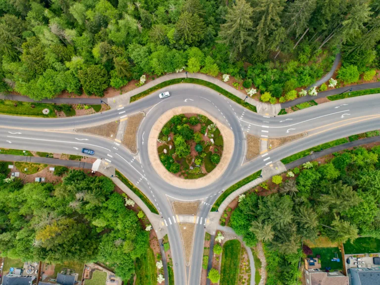 Top-down aerial view of a tree-lined roundabout with a landscaped central garden, visible road markings and crosswalks, and a few cars on the approaching lanes.