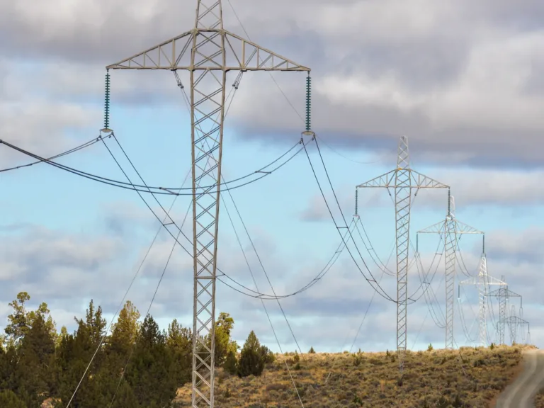 High-voltage transmission towers and power lines stretch across a rural landscape with trees and a dirt road under a cloudy sky.