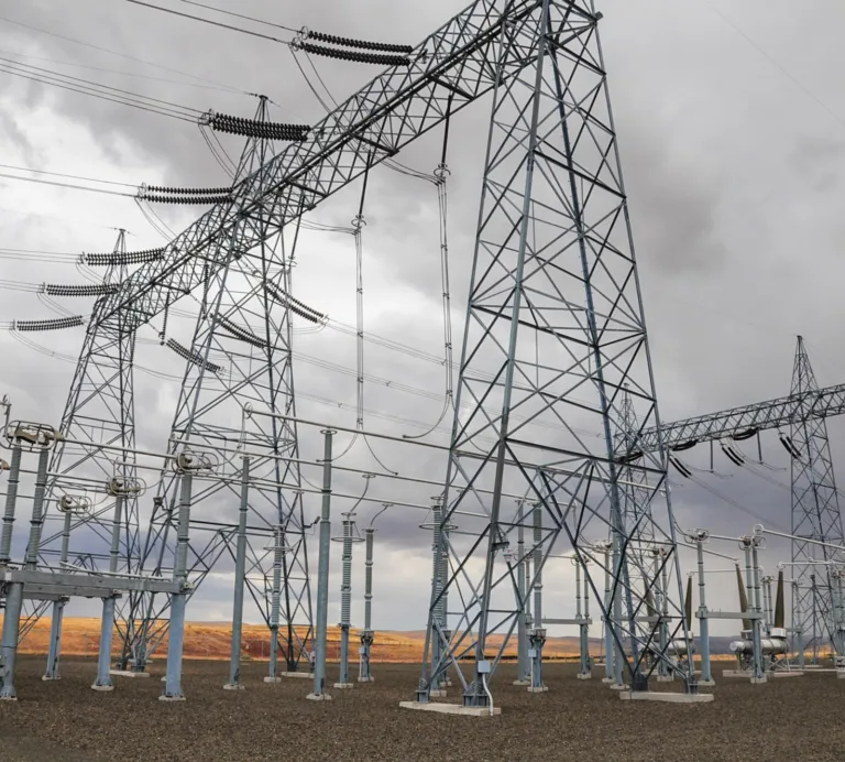 High-voltage electrical substation with lattice towers, insulators, and overhead power lines in an open, arid landscape under cloudy skies.