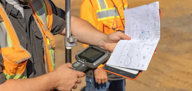 MacKay Sposito surveyor in high-visibility gear reviews construction plans while operating a GNSS rover and controller at a job site.
