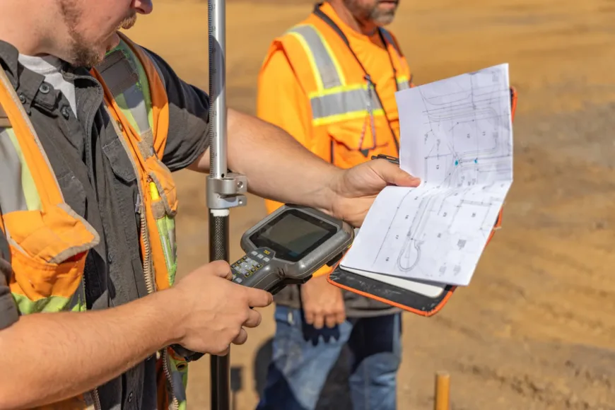 MacKay Sposito surveyor in high-visibility gear reviews construction plans while operating a GNSS rover and controller at a job site.