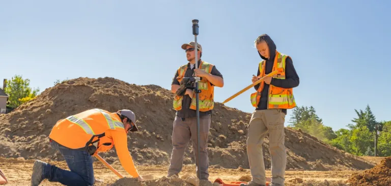 MacKay Sposito field crew surveying a construction site, with three workers in high-visibility vests—one kneeling to mark the ground, one holding a GPS survey rod, and one recording measurements—amid dirt mounds under a clear sky.