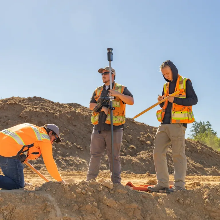 MacKay Sposito field crew surveying a construction site, with three workers in high-visibility vests—one kneeling to mark the ground, one holding a GPS survey rod, and one recording measurements—amid dirt mounds under a clear sky.