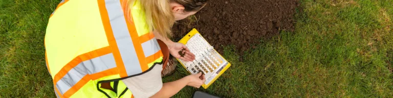 Field worker in a high-visibility vest kneels on grass, comparing a soil sample to a color chart next to a clipboard by a fresh pile of dirt.