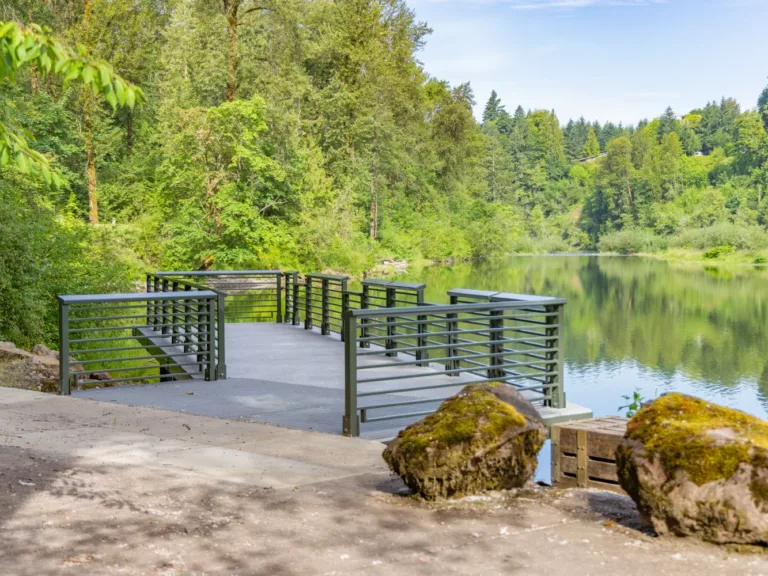 Metal riverside viewing platform with railings extends over a calm, tree-lined river, with mossy boulders in the foreground and forest reflections on the water.