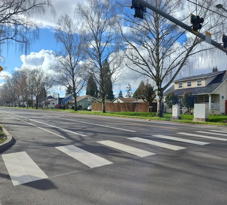 Wide residential street intersection with a freshly painted zebra crosswalk, yellow pedestrian-crossing signs and overhead signals, leafless trees lining the road, and houses under a blue sky with clouds; the corner street sign reads “Washington Way.”