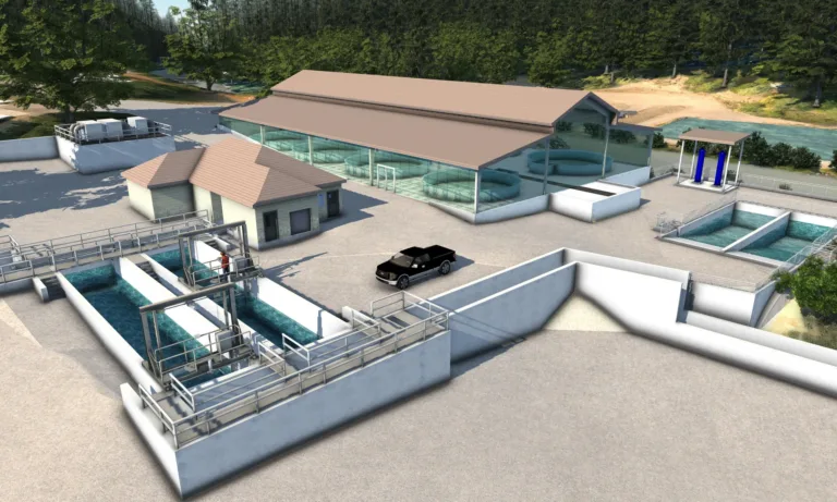 3D rendering of a modern aquaculture hatchery with concrete raceway channels, a glass-walled building housing circular tanks, filtration units, and a parked pickup truck beside a forested riverside.