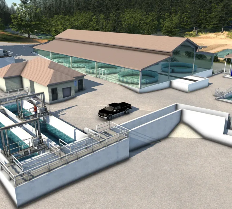 3D rendering of a modern aquaculture hatchery with concrete raceway channels, a glass-walled building housing circular tanks, filtration units, and a parked pickup truck beside a forested riverside.