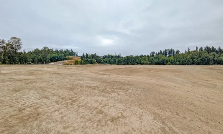 Wide expanse of graded dirt bordered by a treeline under an overcast sky, with a small road and guardrail visible on the left.