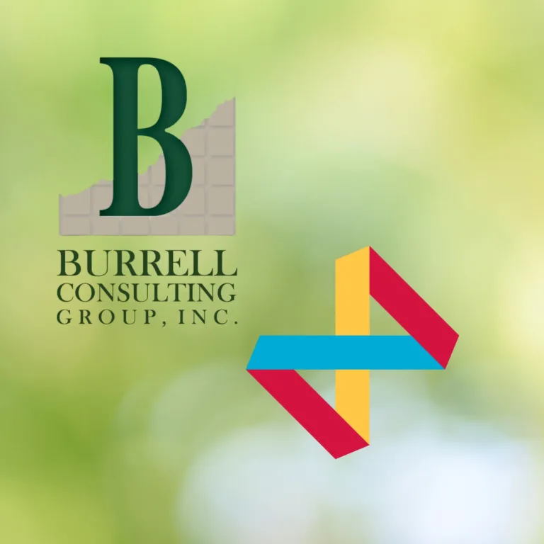 Two logos on a soft green background: at left, “Burrell Consulting Group, Inc.” with a large dark green B over a gray grid, and at right, an abstract ribbon shape in red, teal, and yellow.