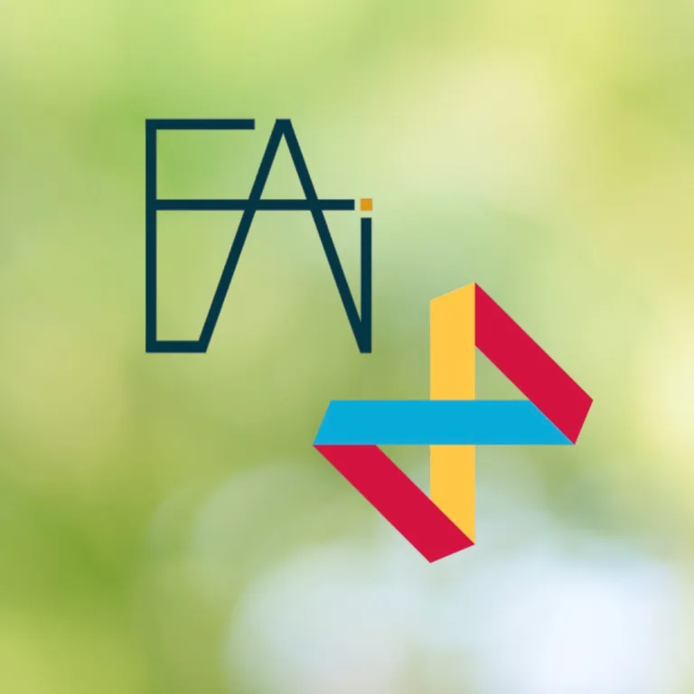 Stylized EAI logo and a red, yellow, and teal ribbon logo on a soft, blurred green background.