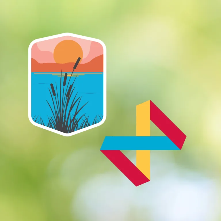 Two graphic icons on a soft green background: a shield-shaped badge showing a sunset over a blue lake with cattails, and an abstract ribbon logo in red, yellow, and teal.
