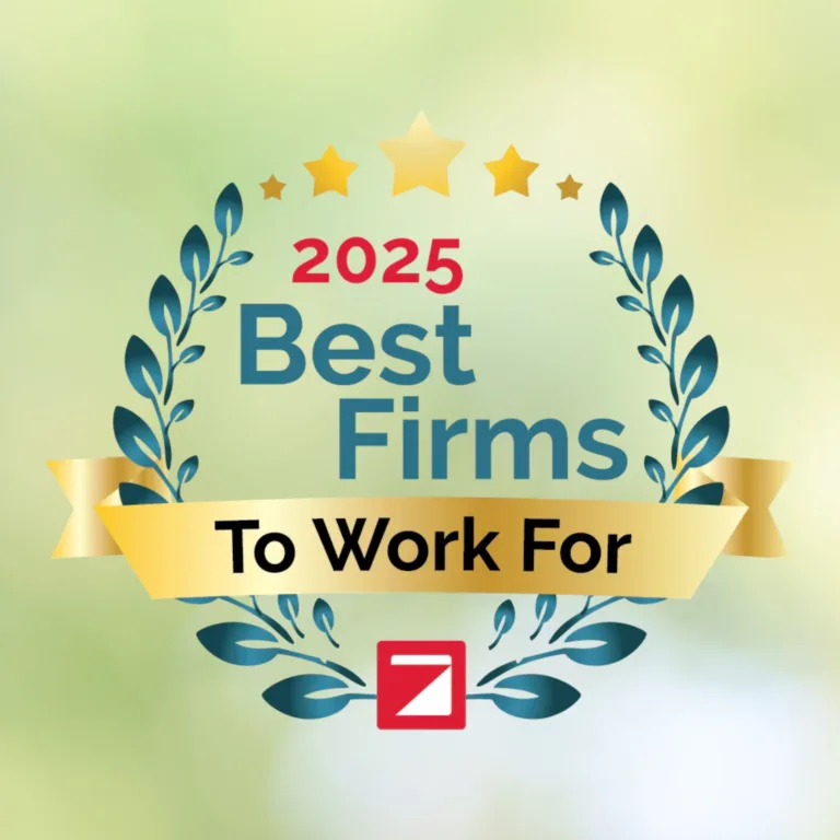 Award badge with laurel wreath and stars reading 2025 Best Firms To Work For, on a blurred green background with a gold ribbon and a red square logo at the bottom.