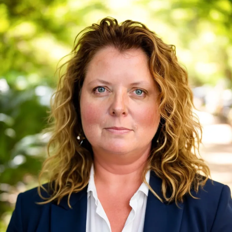 Headshot of Juanita Rogers, with wavy light-brown hair, wearing a navy blazer over a white blouse, outdoors with a softly blurred green background.