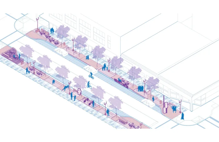 Isometric illustration of a pedestrian-friendly downtown streetscape with widened sidewalks, street trees, parklets and seating areas, bike racks, and people walking, cycling, and gathering outside storefronts.
