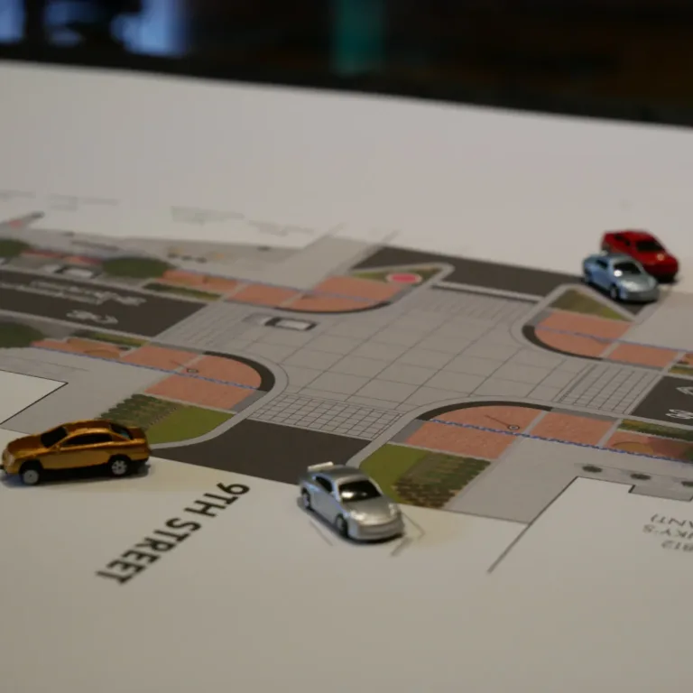 Small toy cars are placed on a printed urban design plan showing an intersection on 9th Street with crosswalks, sidewalks, and landscaped areas.