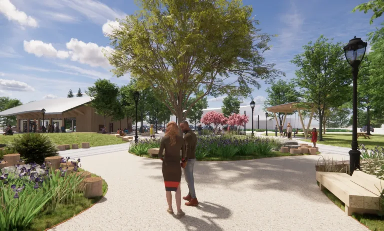 Architectural rendering of a sunny community park with curving paths, benches, lampposts, and lush landscaping, where people stroll near a central tree, with a pavilion and modern building in the background.
