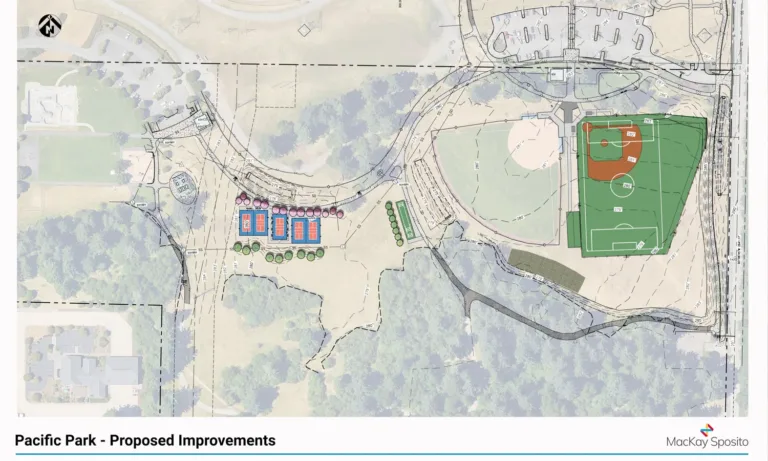 Site plan of Pacific Park proposed improvements (September 2025) showing a cluster of small sport courts near the center-left, a large multi-use field with a baseball diamond overlapped by soccer fields on the right, and updated paths, parking areas, and landscaping.