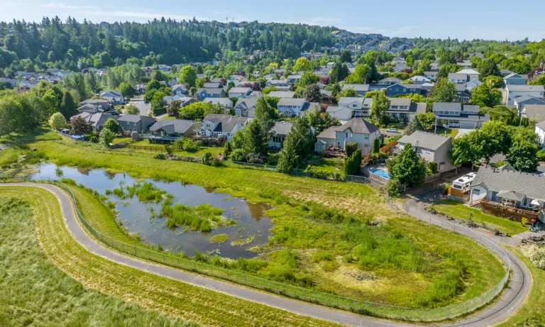 Aerial view of a suburban neighborhood with a small wetland pond encircled by a paved walking path, rows of houses and backyards, and forested hills in the background on a sunny day.