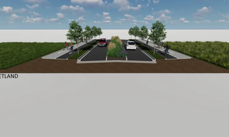 3D rendering of a two-lane road through a wetland with a landscaped median of grasses and shrubs, street trees, and separated bike paths and sidewalks on both sides with cars, cyclists, and pedestrians under a blue sky.