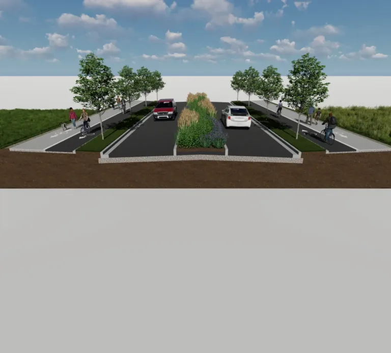 3D rendering of a two-lane road through a wetland with a landscaped median of grasses and shrubs, street trees, and separated bike paths and sidewalks on both sides with cars, cyclists, and pedestrians under a blue sky.