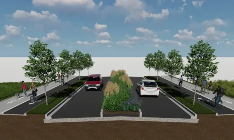 3D rendering of a two-lane road through a wetland with a landscaped median of grasses and shrubs, street trees, and separated bike paths and sidewalks on both sides with cars, cyclists, and pedestrians under a blue sky.