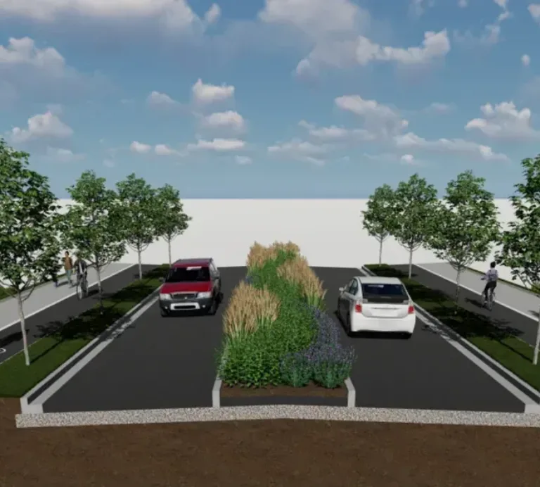 3D rendering of a two-lane road through a wetland with a landscaped median of grasses and shrubs, street trees, and separated bike paths and sidewalks on both sides with cars, cyclists, and pedestrians under a blue sky.