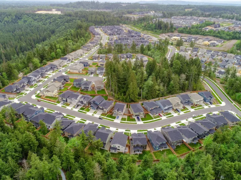 Aerial view of a sprawling suburban neighborhood with curving streets and rows of single-family homes bordered by dense evergreen forest, including sections under construction.