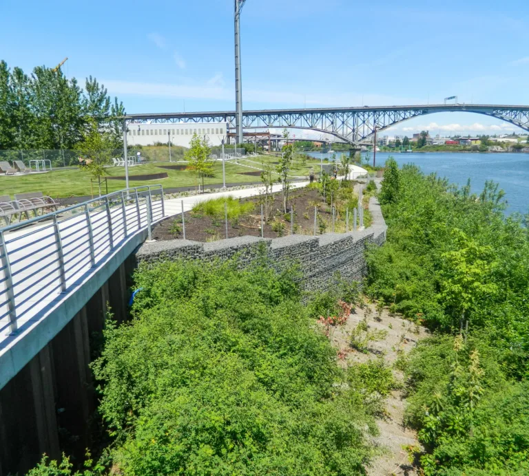 Riverside park with a curving pedestrian path and metal-railed boardwalk beside gabion retaining walls and lush plantings, with a large steel bridge spanning the water in the background on a sunny day.